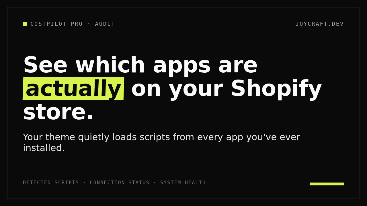 Typographic poster stating: See which apps are actually on your Shopify store. Detected app scripts, connection status, and system health in one view.