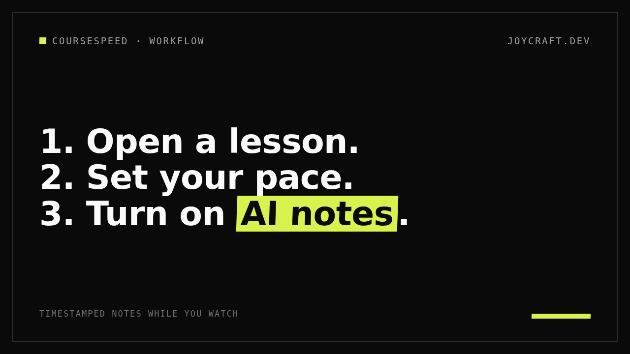 Typographic poster stating the three-step workflow: 1. Open a lesson. 2. Set your pace. 3. Turn on AI notes.